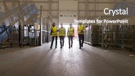  Presentation with four anchors - Slide deck with colleagues walking into a warehouse background and a violet colored foreground