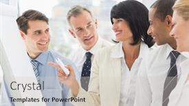  Presentation with whiteboard - Audience pleasing PPT theme consisting of colleagues watching happy businesswoman pointing to whiteboard in the office backdrop and a soft green colored foreground