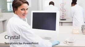  Presentation with computer infections - Presentation design featuring colleagues working in the laboratory background and a light gray colored foreground