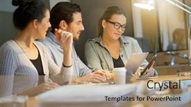  Presentation with ideas - Beautiful theme featuring colleagues workshopping business ideas backdrop and a coral colored foreground