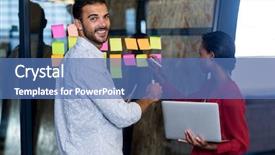  Presentation with writing notes - Colorful slide deck enhanced with colleagues writing on sticky notes backdrop and a teal colored foreground