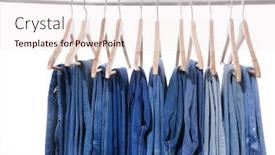 Presentation with jeans - Presentation theme featuring collection of blue jeans hanging on wooden clothes hanger in clothing rack over white background background and a sky blue colored foreground