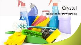  Presentation with cleaning - Audience pleasing PPT layouts consisting of collection of cleaning products backdrop and a sky blue colored foreground