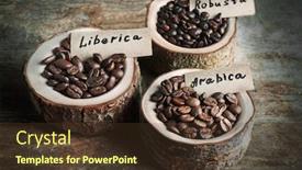  Presentation with coffee beans - PPT theme featuring collection of coffee beans on old wooden table close up background and a tawny brown colored foreground