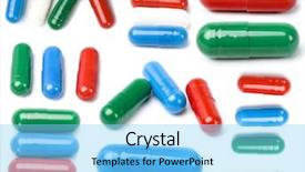  Presentation with colored - Colorful presentation design enhanced with collection of different colored pills backdrop and a light blue colored foreground