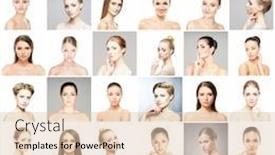  Presentation with skincare - Slides having collection of female spa portraits faces of different women face lifting skincare make-up concept background and a lemonade colored foreground