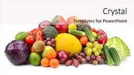  Presentation with fresh fruits vegetables dairy meat - Amazing PPT theme having collection of fruits and vegetables backdrop and a sky blue colored foreground