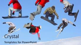  Presentation with plain blue clear sky - Theme with collection of jumping ski and snowboard riders on blue clear sky background background and a light blue colored foreground