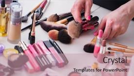  Presentation with make up - Presentation having collection of make up products background and a coral colored foreground