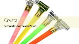  Presentation with scroll paper isolated on white - Colorful presentation enhanced with collection-of-party-horn-isolated backdrop and a blonde colored foreground