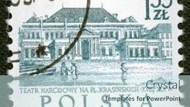  Presentation with stamps - Colorful theme enhanced with collection of polish stamps - warsaw backdrop and a sky blue colored foreground