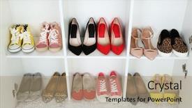  Presentation with shoes - Audience pleasing slide set consisting of collection of shoes on shelves backdrop and a  colored foreground