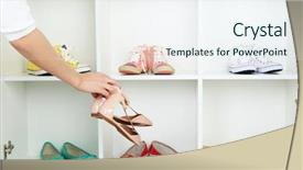  Presentation with shoes industry - Presentation theme consisting of collection of shoes on shelves background and a  colored foreground