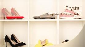  Presentation with shoes - Amazing PPT theme having collection of shoes on shelves backdrop and a  colored foreground