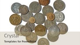  Presentation with medieval - Beautiful presentation design featuring collection-of-the-medieval-coins backdrop and a coral colored foreground