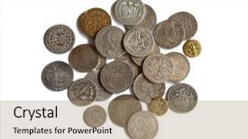  Presentation with medieval - Slides having collection of the medieval coins background and a coral colored foreground