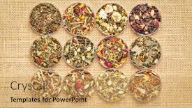  Presentation with tea collection - Presentation theme featuring collection of twelve herbal blend chinese tea in round bowls petri dish top view on a burlap canvas background and a yellow colored foreground