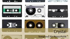  Presentation with cassette - PPT theme consisting of collection of vintage compact cassettes background and a yellow colored foreground