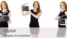  Presentation with clapper - PPT theme featuring young woman in black dress background and a light gray colored foreground