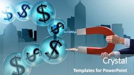  Presentation with magnet - PPT theme having collections revenues - businessman catching dollars on horseshoe background and a  colored foreground