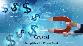  Presentation with magnet - PPT layouts consisting of collections revenues - businessman catching dollars on horseshoe background and a  colored foreground