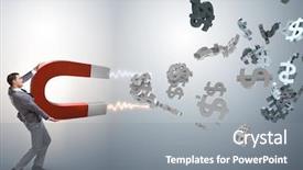  Presentation with magnet - Presentation theme consisting of collections revenues - businessman catching dollars on horseshoe background and a gray colored foreground