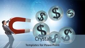  Presentation with magnet - Slide set enhanced with collections revenues - businessman catching dollars on horseshoe background and a light blue colored foreground