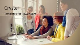  Presentation with computer - Slide deck enhanced with collective - group of designers working background and a mint green colored foreground