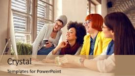  Presentation with employees working together - Slides with collective - satisfied smiling businesswomen working together background and a coral colored foreground