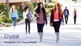  Presentation with students walking on campus - Slides consisting of college - female students walking outdoors background and a sky blue colored foreground