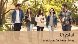  Presentation with walking together - Theme with college - group of students walking together background and a coral colored foreground