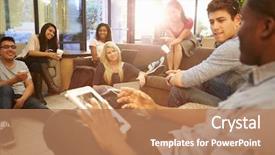  Presentation with college students - PPT theme having college - group of university students relaxing background and a coral colored foreground