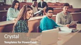  Presentation with lecture hall - Audience pleasing presentation theme consisting of college - multinational group of cheerful students backdrop and a coral colored foreground