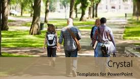  Presentation with backpacks - Audience pleasing theme consisting of college - rear view of university students backdrop and a coral colored foreground