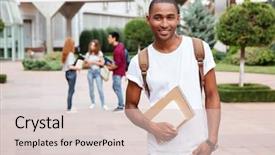  Presentation with backpack - Theme having college - smiling african american young man background and a lemonade colored foreground