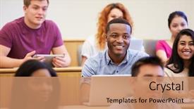  Presentation with students - Theme enhanced with portrait of a happy pretty girl holding bunch of money banknotes and celebrating isolated over beige background background and a coral colored foreground.