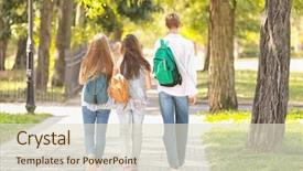  Presentation with walking together - Beautiful slide deck featuring college - students walking together in park backdrop and a lemonade colored foreground