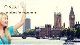  Presentation with london - Colorful slide deck enhanced with college abroad - student with folders waving hand backdrop and a cream colored foreground