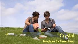  Presentation with books - Colorful slide deck enhanced with college activities - two young student reading books backdrop and a tawny brown colored foreground