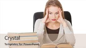  Presentation with stack books - Slide deck featuring college anxiety - beautiful casual woman student worried background and a coral colored foreground