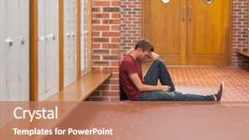  Presentation with headache - PPT theme enhanced with college anxiety - handsome student in pain having background and a coral colored foreground