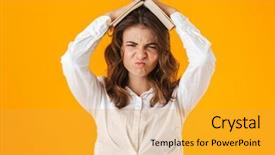  Presentation with lactation young woman breastfeeding - Presentation design having college anxiety - upset young woman casualy dressed background and a gold colored foreground