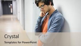  Presentation with worried female college student for health check up - Audience pleasing PPT layouts consisting of college anxiety - worried student leaning on wall backdrop and a  colored foreground