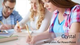  Presentation with task - Presentation with college backgrounds - smart girl and her groupmates background and a  colored foreground