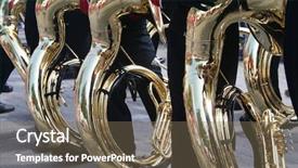  Presentation with marching band - Audience pleasing presentation theme consisting of college band tuba players waiting backdrop and a violet colored foreground