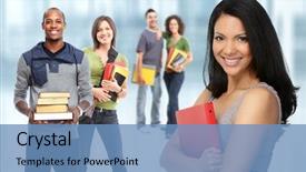  Presentation with group of students raising hands - Amazing slide set having college campus - group of students backdrop and a teal colored foreground