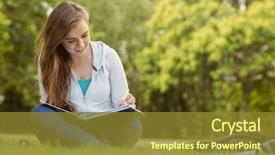  Presentation with reading - Slides enhanced with college campus - smiling student sitting and reading background and a  colored foreground