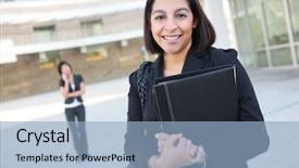  Presentation with worker - Colorful PPT layouts enhanced with college career - attractive hispanic business worker backdrop and a light blue colored foreground