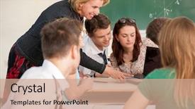  Presentation with listening - Slide deck with college classroom - modern looking group of students background and a  colored foreground