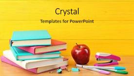  Presentation with apple - Colorful PPT layouts enhanced with college clubs - books and apple on wooden backdrop and a light gray colored foreground